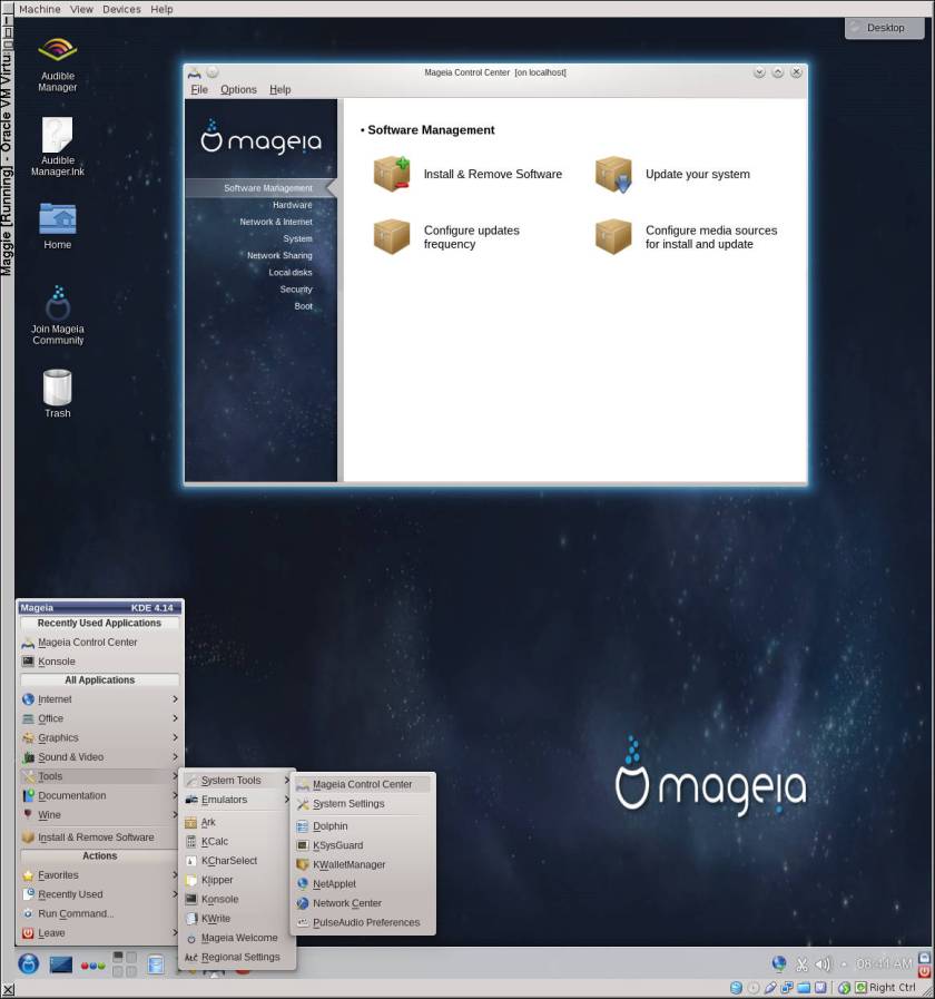 Mageia Control Center, with 'centre' spelled incorrectly.