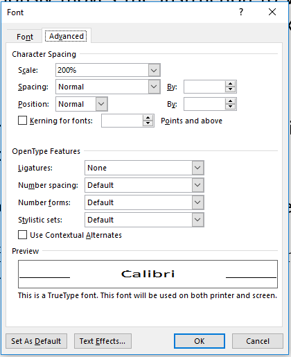 Dialog box in Microsoft Word for changing character size, position and spacing.