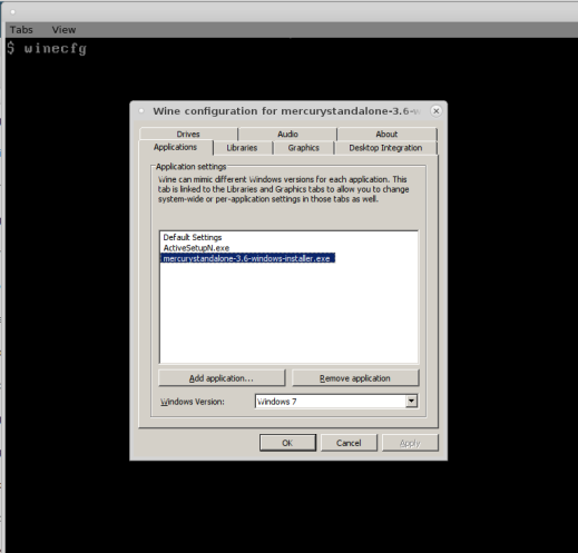 Screenshot of the wine winecfg main window, showing the Mercury installer file added as an application.