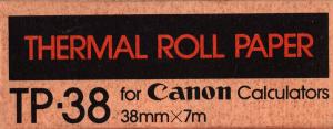 scan of the box front -- says Thermal roll paper TP-38 for Canon calculators 38 mm by 7 m
