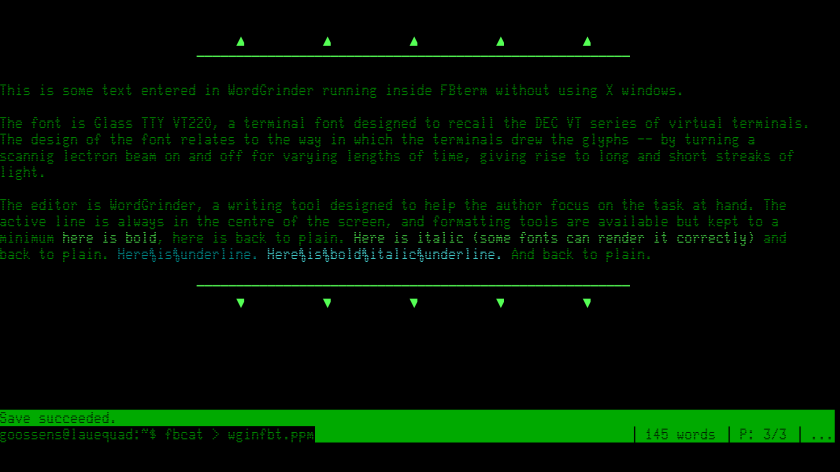 Screen shot of WordGrinder runnin in FBterm with a very big Glass TTY VT220 font.