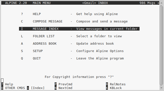 screen shot showing the main menu -- Help, Compose, Message Index, Folder List, Address book, Set up and Quit