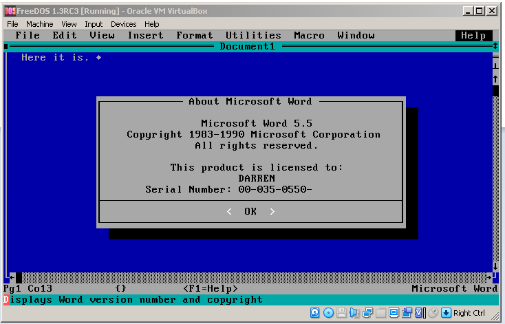 The about screen of Word 5.5 for DOS