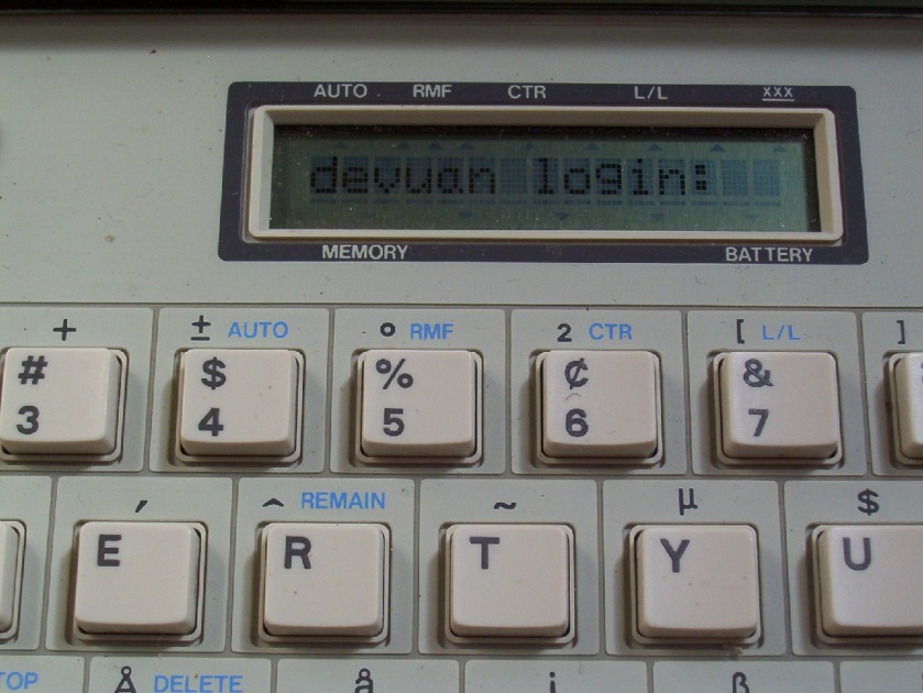 devuan login prompt on the 16-character display